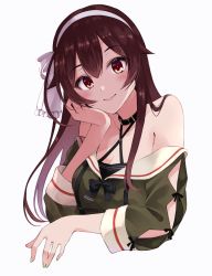 Rule 34 | .live, 1girl, amamiya ui, bare shoulders, blush, bow hairband, breasts, brown eyes, brown hair, cleavage, closed mouth, clothing cutout, cropped torso, eyelashes, green shirt, hair flaps, hairband, halterneck, head rest, highres, long hair, long sleeves, looking at viewer, nail polish, off shoulder, sailor collar, sailor shirt, school uniform, shirt, simple background, smile, solo, straight hair, upper body, virtual youtuber, white background, white hairband, yaezawa natori