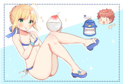 Rule 34 | 1boy, 1girl, ahoge, aizawa85, alternate costume, artoria pendragon (all), artoria pendragon (fate), bare shoulders, bikini, blonde hair, blue background, blue bow, blue footwear, blush, bow, bowl, braid, brown hair, closed mouth, commentary request, emiya shirou, fate/stay night, fate (series), food, frilled bikini, frills, green eyes, hair between eyes, hair bow, highres, holding, holding bowl, holding spoon, knees up, saber (fate), sandals, shaved ice, side-tie bikini bottom, sidelocks, smile, sparkle, spoon, swimsuit, thumbs up, two-tone background, v-shaped eyebrows, white background, white bikini, | |