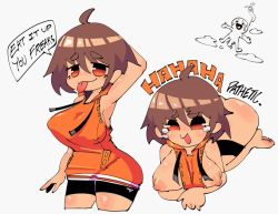 Rule 34 | 1boy, 1girl, aftersex, arm behind head, arm up, armpits, barefoot, bike shorts, breasts, breasts out, brown hair, cum, hood, hoodie, jiansketch, large breasts, laughing, may (guilty gear), nipples, orange eyes, penis, smug, teasing, tongue, tongue out, x x