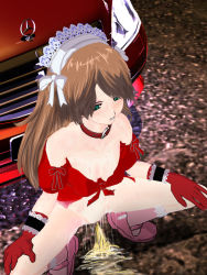 Rule 34 | 1girl, 3d, blush, bottomless, breasts, brown hair, car, collar, collarbone, gloves, green eyes, hands on own knees, himuro kouichi, long hair, maid, maid headdress, mercedes-benz, motor vehicle, night, pavement, peeing, pink footwear, pink legwear, puddle, pussy, pussy juice, red gloves, red shirt, roshutsu meirei 2, shirt, shoes, short sleeves, small breasts, socks, spread legs, squatting, sweat, teeth, tied shirt, uncensored