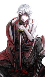 Rule 34 | 1boy, artist request, bad id, bad pixiv id, bare shoulders, blood, blood on clothes, blood on face, blood on hands, bloody weapon, closed mouth, collarbone, holding, holding sword, holding weapon, injury, japanese clothes, katana, long sleeves, looking at viewer, male focus, short hair, silver hair, simple background, sitting, solo, sword, touken ranbu, tsurumaru kuninaga, weapon, white background, wide sleeves, yellow eyes