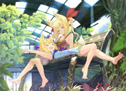 Rule 34 | 2girls, ^ ^, animal ear fluff, animal ears, arm up, armpits, bare arms, bare shoulders, barefoot, bench, blonde hair, blue dress, blurry, blurry foreground, blush, breasts, closed eyes, closed mouth, dappled sunlight, day, depth of field, dress, fang, fox ears, fox tail, full body, grass, green eyes, hair ribbon, happy, highres, knees together feet apart, lap pillow, long hair, lying, multiple girls, nekomegane, official art, on back, on bench, open mouth, pink dress, plant, purple ribbon, red ribbon, ribbon, sandals, unworn sandals, sidelocks, sitting, sleeveless, sleeveless dress, small breasts, smile, stretching, sunlight, tail, torikago scrap march, tree, twintails, vines
