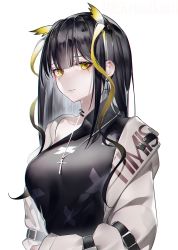 Rule 34 | 1girl, arknights, black hair, black shirt, breasts, character request, commentary request, cross, cross necklace, grey jacket, highres, jacket, jewelry, large breasts, long hair, long sleeves, looking at viewer, necklace, open clothes, open jacket, shirt, simple background, solo, upper body, white background, yellow eyes, yushe quetzalli