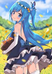 Rule 34 | 1girl, backless dress, backless outfit, basket, blue dress, blue eyes, blue flower, blue hair, blue sky, blurry, blurry background, blush, breasts, bug, butterfly, choker, cloud, cowboy shot, day, detached sleeves, dress, emori miku, field, floating hair, flower, flower field, from behind, garter straps, hair flower, hair ornament, head tilt, head wreath, highres, holding, holding basket, insect, layered dress, liver city, long hair, long sleeves, looking at viewer, medium breasts, orange flower, outdoors, petals, red flower, short dress, side ponytail, sideboob, sky, sleeveless, sleeveless dress, smile, solo, standing, strapless, strapless dress, swept bangs, takanashi sora (soramyon), thighhighs, very long hair, white flower, white sleeves, white thighhighs