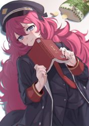 Rule 34 | 1girl, black hat, blue archive, blush, book, breasts, chips (food), deca purio, food, grey eyes, hat, iroha (blue archive), long hair, long sleeves, looking at viewer, lying, on back, peaked cap, pink hair, potato chips, small breasts, smile, solo, very long hair, wavy hair