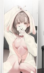 Rule 34 | 1girl, animal ears, animal hood, arm up, bangosu, black nails, blush, breasts, brown eyes, brown hair, cellphone, commentary request, fake animal ears, feet out of frame, highres, holding, holding phone, hood, hood up, hooded jacket, jacket, long sleeves, looking at viewer, medium breasts, mirror, nail polish, open clothes, open jacket, original, phone, phone with ears, rabbit ears, rabbit hood, reflection, selfie, sleeves past wrists, socks, solo, v, white jacket, white socks