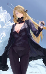Rule 34 | 1girl, absurdres, black coat, black collar, black pants, black shirt, blonde hair, blush, breasts, cleavage, cloud, coat, collar, commentary request, creatures (company), cynthia (pokemon), dated, day, from below, fur collar, game freak, garchomp, gen 4 pokemon, grey eyes, hair ornament, hair over one eye, highres, holding, holding poke ball, large breasts, long hair, looking at viewer, nintendo, open clothes, open coat, outdoors, pants, parted lips, poke ball, pokemon, pokemon (creature), pokemon dppt, shirt, signature, sky, smile, solo focus, taino kou, thigh gap, ultra ball