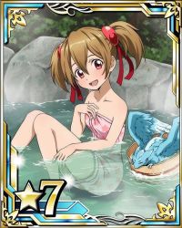 Rule 34 | 10s, 1girl, bare shoulders, barefoot, breasts, brown hair, card (medium), cleavage, collarbone, hair between eyes, hair ornament, hair ribbon, mini dragon, naked towel, onsen, open mouth, partially submerged, pina (sao), pink towel, red eyes, red ribbon, ribbon, short hair, short twintails, silica, sitting, small breasts, solo, star (symbol), steam, sword art online, towel, twintails