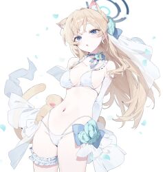 Rule 34 | 1girl, :o, absurdres, animal ears, animal hands, bikini, blonde hair, blue archive, blue choker, blue eyes, blush, breasts, bridal garter, cat ears, cat tail, choker, collarbone, elbow gloves, extra ears, falling petals, fang, gloves, halo, highres, kemonomimi mode, long hair, looking at viewer, medium breasts, meunhongcha, navel, paw gloves, petals, simple background, skin fang, solo, stomach, swimsuit, tail, toki (blue archive), very long hair, white background, white bikini, white gloves