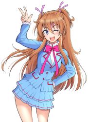 Rule 34 | 1girl, aria gakuen school uniform, blue eyes, blue jacket, blush, bow, contrapposto, cowboy shot, hair ribbon, hand on own hip, hand up, highres, houjou hibiki, jacket, kaatsu katsurou, layered skirt, long hair, long sleeves, looking at viewer, miniskirt, one eye closed, open mouth, pink bow, pink ribbon, precure, ribbon, round teeth, school uniform, simple background, skirt, smile, solo, suite precure, teeth, two side up, w, white background