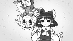 Rule 34 | 2girls, alice margatroid, ascot, bow, capelet, detached sleeves, dress, female focus, from above, greyscale, hair bow, hairband, hakurei reimu, lying, monochrome, multiple girls, on back, short hair, touhou, ume (noraneko), wide sleeves