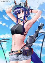 Rule 34 | 1girl, absurdres, alfarejected, arknights, armpits, arms behind head, arms up, bare arms, bare shoulders, baseball cap, belt, bikini, black bikini, blue hair, blue sky, blush, ch&#039;en (arknights), ch'en (arknights), cloud, commentary request, cowboy shot, day, dragon horns, dragon tail, female tourist c (arknights), grey shorts, hair tie in mouth, hat, highres, horns, horns through headwear, long hair, mouth hold, navel, official alternate costume, open fly, pouch, red eyes, short shorts, shorts, sidelocks, sky, solo, standing, stomach, swimsuit, tail