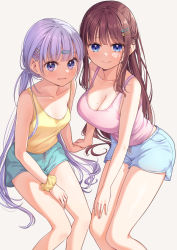 Rule 34 | 2girls, :&gt;, :d, alternate hairstyle, aqua shorts, arm support, backlighting, bare arms, bare legs, bare shoulders, beige background, between legs, blue eyes, blue shorts, blunt bangs, blush, breasts, brown hair, casual, cleavage, closed mouth, collarbone, dolphin shorts, dot nose, drawstring, feet out of frame, furrowed brow, grey background, hair ornament, hair spread out, hairclip, hand between legs, hand on own thigh, highres, holding hands, invisible chair, large breasts, long hair, looking at viewer, looking to the side, low twintails, midriff peek, mole, mole on breast, multiple girls, new game!, official art, open mouth, parted lips, pink tank top, ponytail, purple eyes, purple hair, scrunchie, shade, shiny skin, short shorts, shorts, sidelocks, simple background, sitting, sleeveless, smile, squinting, straight hair, suzukaze aoba, takimoto hifumi, tank top, thighs, tokunou shoutarou, twintails, very long hair, wrist scrunchie, yellow scrunchie, yellow tank top