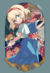 Rule 34 | 1girl, alice margatroid, apron, belt, black dress, black eyes, blonde hair, blue dress, blue eyes, blush, bow, bowtie, breasts, cape, closed mouth, collar, doll, dress, flying, goliath doll, green background, hair between eyes, hairband, hand up, highres, hourai doll, iroyopon, light, long hair, long sleeves, looking up, lying, medium breasts, open mouth, red belt, red bow, red bowtie, red hairband, shaded face, shadow, shanghai doll, short hair, short sleeves, simple background, solo, touhou, white apron, white cape