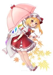 Rule 34 | 1girl, absurdres, ascot, blonde hair, crystal, flandre scarlet, full body, hat, highres, holding, holding umbrella, kneepits, leaf, looking at viewer, mob cap, one side up, open mouth, pink umbrella, red eyes, red footwear, ruhika, short sleeves, socks, solo, touhou, umbrella, white background, white hat, white socks, wings, wrist cuffs, yellow ascot