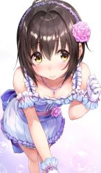 Rule 34 | 1girl, ahoge, black hair, blush, breasts, brown eyes, bubble, bvucki36gzoeq1c, commentary request, dress, frills, gloves, gradient background, highres, idolmaster, idolmaster cinderella girls, jewelry, kohinata miho, leaning forward, medium breasts, necklace, short hair, smile, solo