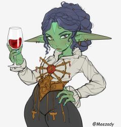 Rule 34 | 1girl, alcohol, amelia (roxxxan), black pants, blouse, blue nails, blush, closed mouth, colored skin, cowboy shot, cup, drinking glass, earrings, female goblin, fewer digits, fingernails, goblin, green skin, heterochromia, holding, holding cup, jewelry, long pointy ears, long sleeves, looking at viewer, nail polish, narrow waist, original, pants, pointy ears, purple eyes, purple hair, roxxxan, shirt, simple background, solo, white background, white shirt, wine, wine glass, yellow eyes