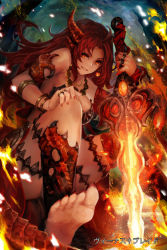 Rule 34 | 1girl, bare shoulders, barefoot, breasts, brown hair, demon girl, earrings, feet, fire, horns, jewelry, long hair, looking at viewer, lots of jewelry, nail polish, necklace, orange eyes, original, parted lips, red eyes, red hair, revision, ring, sitting, solo, sword, tail, venus blade, weapon, yaoya musuko