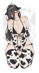 Rule 34 | 1girl, 2021, absurdres, animal ears, animal print, antenna hair, areola slip, bikini, black bikini, blush, border, breasts, breasts squeezed together, chinese zodiac, cleavage, covered erect nipples, cow ears, cow horns, cow print, curvy, detached sleeves, extra ears, fake animal ears, fake horns, full body, grey eyes, hair between eyes, hair over one eye, half-closed eyes, head tilt, highres, horns, huge filesize, kneeling, large breasts, long hair, looking at viewer, muroku (aimichiyo0526), navel, original, outside border, pale skin, print bikini, print sleeves, print thighhighs, side-tie bikini bottom, simple background, solo, spaghetti strap, strap gap, swimsuit, thick thighs, thighhighs, thighs, underboob, v arms, white border, year of the ox