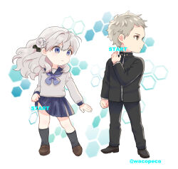 Rule 34 | 1boy, 1girl, blue eyes, chibi, clothes lift, english text, flower, flower ornament, full body, fuyusaka iori, gakuran, glowing, grey eyes, hair flower, hair ornament, juusan kihei bouei ken, kneehighs, loafers, neckerchief, pleated skirt, sailor collar, school uniform, sekigahara ei, serafuku, shoes, skirt, skirt lift, socks, wacopeco, wavy hair, white hair