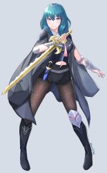 Rule 34 | 1girl, armor, black shorts, blue eyes, blue hair, boots, brown pantyhose, byleth (female) (fire emblem), byleth (fire emblem), closed mouth, clothing cutout, dagger, fire emblem, fire emblem: three houses, full body, gradient background, grey background, grimmelsdathird, hair between eyes, heroes relic (fire emblem), high heel boots, high heels, highres, holding, holding sword, holding weapon, knife, medium hair, navel, navel cutout, nintendo, pantyhose, pantyhose under shorts, sheath, sheathed, short shorts, shorts, simple background, smile, solo, sword, sword of the creator, twitter username, weapon