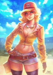 Rule 34 | 10s, 1girl, amanda duarte, belt, blonde hair, bra, breasts, brown eyes, cidney aurum, cleavage, cropped jacket, curly hair, curvy, denim, denim shorts, final fantasy, final fantasy xv, freckles, gloves, looking at viewer, medium breasts, midriff, navel, short shorts, shorts, smile, solo, square enix, standing, thick thighs, thighhighs, thighs, underwear, wide hips