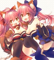 Rule 34 | 2girls, animal ears, animal hands, anju (mocomocousagi), bare shoulders, bell, black legwear, blue thighhighs, blush, breasts, cat paws, cleavage, collar, detached sleeves, dual persona, fangs, fate/grand order, fate (series), fox ears, fox tail, gloves, hair ribbon, japanese clothes, jingle bell, large breasts, long hair, looking at viewer, multiple girls, neck bell, open mouth, paw gloves, paw shoes, pink hair, ponytail, ribbon, shoes, tail, tamamo (fate), tamamo cat (fate), tamamo cat (final/grand order), tamamo cat (first ascension) (fate), tamamo no mae (fate/extra), thighhighs, yellow eyes