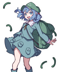 Rule 34 | 1girl, absurdres, backpack, bag, blouse, blue eyes, blue footwear, blue hair, blue shirt, blue skirt, boots, collared shirt, cucumber, feet out of frame, flat cap, frilled shirt collar, frills, green hat, hair bobbles, hair ornament, hat, highres, kame (kamepan44231), kawashiro nitori, key, long sleeves, medium hair, one-hour drawing challenge, pocket, rubber boots, shirt, short twintails, sidelocks, simple background, skirt, skirt set, solo, touhou, twintails, two side up, white background