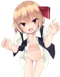 Rule 34 | 1girl, arai togami, bent over, blonde hair, blurry, blush, fang, hair ribbon, looking at viewer, navel, no bra, no panties, open clothes, open mouth, open shirt, open vest, orange eyes, ribbon, rumia, shirt, short hair, short sleeves, simple background, smile, solo, touhou, vest, white background