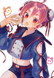 Rule 34 | 1girl, :o, ahoge, asymmetrical pants, bad id, bad pixiv id, baozi, belt, belt buckle, blue shirt, blue shorts, buckle, bun cover, commentary request, crop top, double bun, food, hair bun, highres, holding, holding food, long sleeves, looking at viewer, midriff, naoton, navel, open mouth, original, puffy long sleeves, puffy sleeves, red belt, red eyes, red hair, shirt, short eyebrows, short shorts, shorts, simple background, solo, thick eyebrows, white background