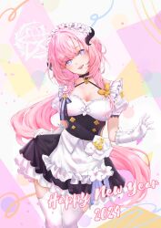 Rule 34 | 1girl, 2024, apron, black choker, blue eyes, breasts, butterfly hair ornament, choker, cleavage, clothing cutout, dress, elbow gloves, elf, elysia (honkai impact), elysia (miss pink elf) (honkai impact), fake horns, gloves, hair between eyes, hair ornament, happy new year, highres, holding, holding clothes, holding dress, honkai (series), honkai impact 3rd, horns, long hair, looking at viewer, maid, maid apron, maid headdress, multicolored background, new year, open mouth, pink hair, pointy ears, seanatta 98, side cutout, smile, solo, teeth, thighhighs, thighs, very long hair, white apron, white gloves, white thighhighs