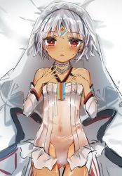 Rule 34 | 10s, 1991 (blz), 1girl, altera (fate), bad id, bad pixiv id, bare shoulders, bed sheet, blush, breasts, collarbone, commentary request, cowboy shot, dakimakura (medium), dark skin, dark-skinned female, detached sleeves, dress, facial mark, fate/extella, fate/extra, fate (series), forehead mark, gluteal fold, halterneck, hands up, long hair, long sleeves, looking at viewer, lying, on back, parted lips, red eyes, short hair, silver hair, small breasts, solo, thigh gap, veil, white dress