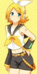 Rule 34 | 1girl, :&lt;, aqua eyes, bare shoulders, blonde hair, blue eyes, bow, collarbone, detached sleeves, hair bow, hair ornament, hairclip, hand on own hip, headphones, headset, highres, kagamine rin, koroni (nkrgs), leg warmers, looking at viewer, midriff, nail polish, navel, number tattoo, sailor collar, shirt, short shorts, shorts, shoulder tattoo, sleeveless, sleeveless shirt, solo, tattoo, treble clef, vocaloid, yellow nails, yellow neckwear