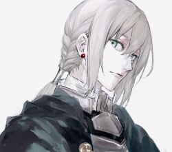Rule 34 | 1boy, aqua eyes, armor, bedivere (fate), cloak, closed mouth, earrings, fate/grand order, fate (series), forzen, grey hair, hair tubes, jewelry, long hair, looking at viewer, male focus, portrait, sidelocks, simple background, solo, white background