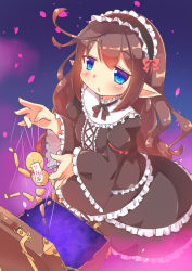 Rule 34 | 1girl, blue eyes, brown hair, dress, elf, frilled dress, frills, gothic lolita, highres, kt cano, lolita fashion, long hair, marionette, original, pointy ears, puppet, puppet strings, solo, suitcase