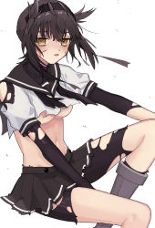 Rule 34 | 1girl, black bodysuit, black hair, black headband, black neckerchief, black sailor collar, black skirt, blood, blood on face, blush, bodysuit, boots, breasts, brown eyes, commentary request, cuts, hair between eyes, hair flaps, hatsuzuki (kancolle), headband, highres, injury, kantai collection, knee boots, looking at viewer, medium breasts, neckerchief, pleated skirt, sailor collar, simple background, skirt, solo, torn clothes, waco, white background