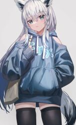 Rule 34 | 1girl, absurdres, alternate costume, animal ears, bag, black thighhighs, blue eyes, blue hoodie, braid, casual, closed mouth, clothing cutout, commentary request, cowboy shot, expressionless, flippy (cripine111), fox ears, fox girl, fox tail, full body, grey background, grey hair, hand in pocket, head tilt, highres, hololive, hood, hood down, hoodie, long hair, long sleeves, looking at viewer, shirakami fubuki, shoulder bag, shoulder cutout, simple background, single braid, sleeves past wrists, solo, tail, thighhighs, very long hair, virtual youtuber
