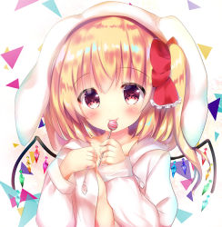 Rule 34 | 1girl, animal ears, animal hood, blonde hair, blush, bow, rabbit ears, rabbit hood, candy, closed mouth, collarbone, commentary request, crystal, flandre scarlet, food, hair bow, hands up, holding, holding candy, holding food, holding lollipop, hood, hood up, hoodie, licking, lollipop, long hair, looking at viewer, one side up, red bow, rikatan, smile, solo, tongue, tongue out, touhou, white hoodie, wings