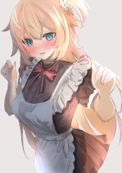Rule 34 | 1girl, :d, akai haato, apron, black dress, blonde hair, blue eyes, blush, breasts, commentary, dress, frilled apron, frills, hair ornament, highres, hololive, large breasts, long hair, looking at viewer, maid, maid apron, neck ribbon, nekoi (nekoi 0116), open mouth, red ribbon, ribbon, side ponytail, smile, virtual youtuber, white apron
