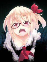 Rule 34 | 1girl, ascot, bad id, bad pixiv id, bespectacled, blonde hair, blush, colorized, downblouse, embodiment of scarlet devil, face, fang, female focus, glasses, looking at viewer, matsuyama nozomu, ogami kazuki, one side up, open mouth, red-framed eyewear, red eyes, rumia, solo, touhou