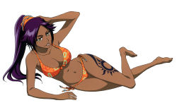 Rule 34 | 1girl, absurdres, bare arms, bare legs, bare shoulders, bikini, bleach, bleach: brave souls, bleach bankai battle, breasts, card, cleavage, dark-skinned female, dark skin, eating, female focus, food, fruit, full body, hand on own cheek, hand on own face, high ponytail, highres, holding, holding food, large breasts, legs, long hair, looking at viewer, lying, official art, orange bikini, ponytail, purple hair, shihouin yoruichi, shiny skin, smile, solo, swimsuit, tattoo, very long hair, watermelon, white background, yellow eyes