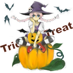 Rule 34 | 01 0219, 1girl, bad id, bad pixiv id, bat (animal), braid, glasses, halloween, hat, jack-o&#039;-lantern, original, pink hair, pumpkin, skull, solo, striped clothes, striped thighhighs, thighhighs, trick or treat, twin braids, white background, witch hat