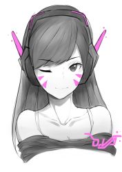 Rule 34 | 1girl, absurdres, alternate costume, bra strap, breasts, casual, character name, cleavage, collarbone, d.va (overwatch), emblem, facepaint, facial mark, headphones, hentaki, highres, light smile, long hair, looking at viewer, monochrome, one eye closed, overwatch, overwatch 1, portrait, shirt, simple background, sketch, solo, spot color, swept bangs, whisker markings, white background