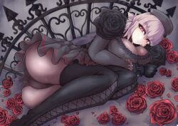 Rule 34 | 1girl, apron, ass, bed, belt, black dress, black gloves, black hat, black thighhighs, braid, braided ponytail, breasts, dress, fate/grand order, fate (series), fetal position, florence nightingale (fate), florence nightingale (manor of repose) (fate), flower, folded ponytail, gloves, hat, headboard, highres, large breasts, long hair, long sleeves, looking at viewer, lying, nurse cap, on bed, on side, pantyhose, pink hair, red eyes, rose, solo, tettsui kusuru, thighhighs, thighs