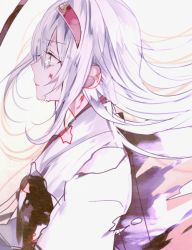 Rule 34 | 10s, 1girl, bow (weapon), gloves, hairband, injury, japanese clothes, kantai collection, long hair, muneate, poni (rito), shoukaku (kancolle), silver hair, solo, tears, torn clothes, weapon