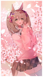 Rule 34 | 1girl, animal ears, bow, brown hair, brown skirt, cherry blossoms, hair bow, hands up, highres, horse ears, horse girl, horse tail, looking at viewer, medium hair, miniskirt, open mouth, own hands together, pink shirt, pleated skirt, shirt, skirt, sleeves past wrists, smart falcon (umamusume), smile, solo, tail, thighhighs, umamusume, white thighhighs, yellow eyes, yoshida (ne), zettai ryouiki
