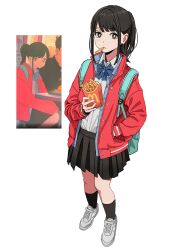 Rule 34 | 1boy, 1girl, absurdres, backpack, bag, black hair, black skirt, black socks, blue bow, blue bowtie, bow, bowtie, boyfriend (yoru mac), bright pupils, food, french fries, girlfriend (yoru mac), hand in pocket, highres, holding, holding food, jacket, kneehighs, looking at viewer, mcdonald&#039;s, mouth hold, pleated skirt, red jacket, reference inset, school uniform, shiren (ourboy83), shirt, shirt tucked in, shoes, sidelocks, simple background, skirt, sneakers, socks, white background, white pupils, white shirt, yoru mac