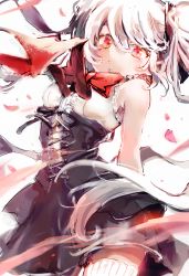 Rule 34 | 1girl, bare shoulders, black skirt, blush, bow, breasts, corset, hair between eyes, highres, long hair, looking at viewer, original, parted lips, petals, red bow, red eyes, red ribbon, ribbed legwear, ribbon, sha2mo, shirt, silver hair, sketch, skirt, sleeveless, sleeveless shirt, small breasts, solo, thighhighs, twintails, very long hair, white background, white shirt, white thighhighs