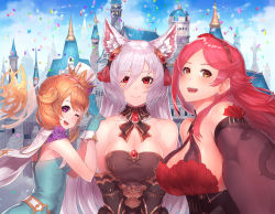 3girls, :d, absurdres, animal ear fluff, animal ears, bare shoulders, blush, breasts, brown hair, cape, castle, confetti, detached sleeves, eyelashes, highres, king&#039;s raid, kirze, large breasts, looking at viewer, may (king&#039;s raid), multiple girls, open mouth, red hair, silver hair, smile, upper body, yu mochi (kamiinu), yuno (black clover)