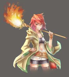 Rule 34 | 1girl, absurdres, bad id, bad pixiv id, black background, breasts, duel monster, fire, hand on own hip, highres, hiita, hiita (yu-gi-oh!), hiita the fire charmer, jacket, kan (zwssg), looking at viewer, midriff, miniskirt, navel, red eyes, red hair, short hair, simple background, skirt, smile, solo, staff, thighhighs, yu-gi-oh!, zettai ryouiki